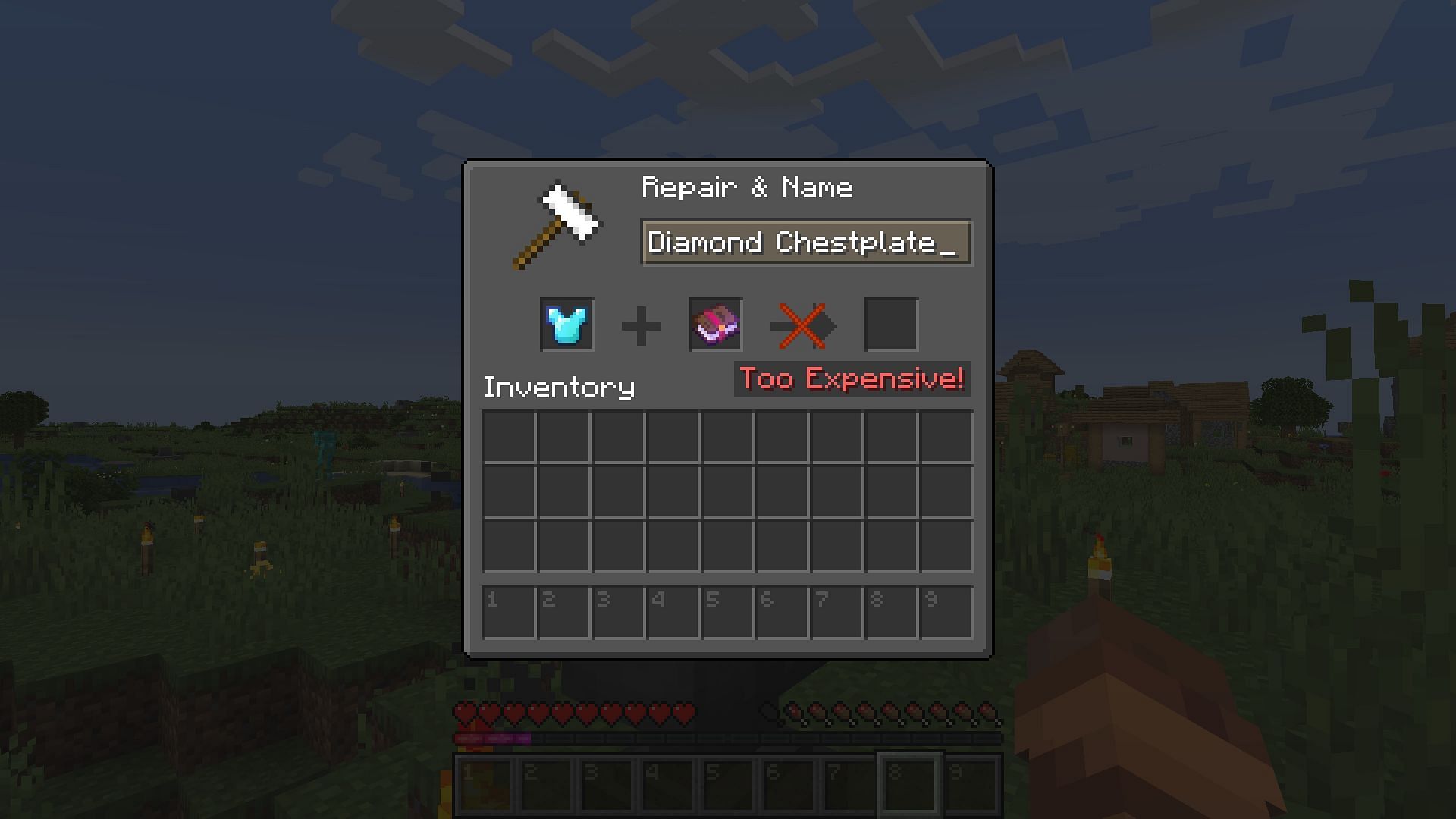 The "Too Expensive" limit hit in an anvil (Image via Mojang)